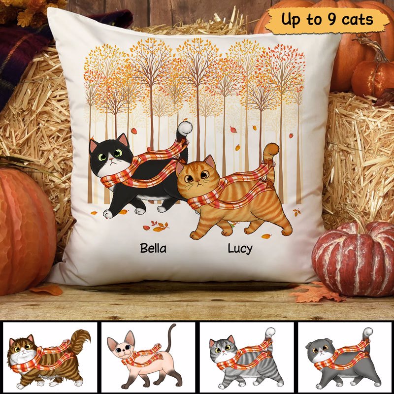 Fall Season Treeline Walking Cats Personalized Pillow (Insert Included)