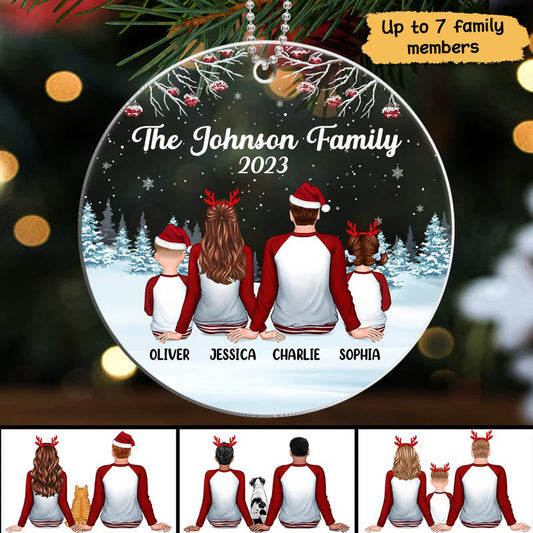 Family Back View Pajamas In Snow Personalized Circle Acrylic Ornament