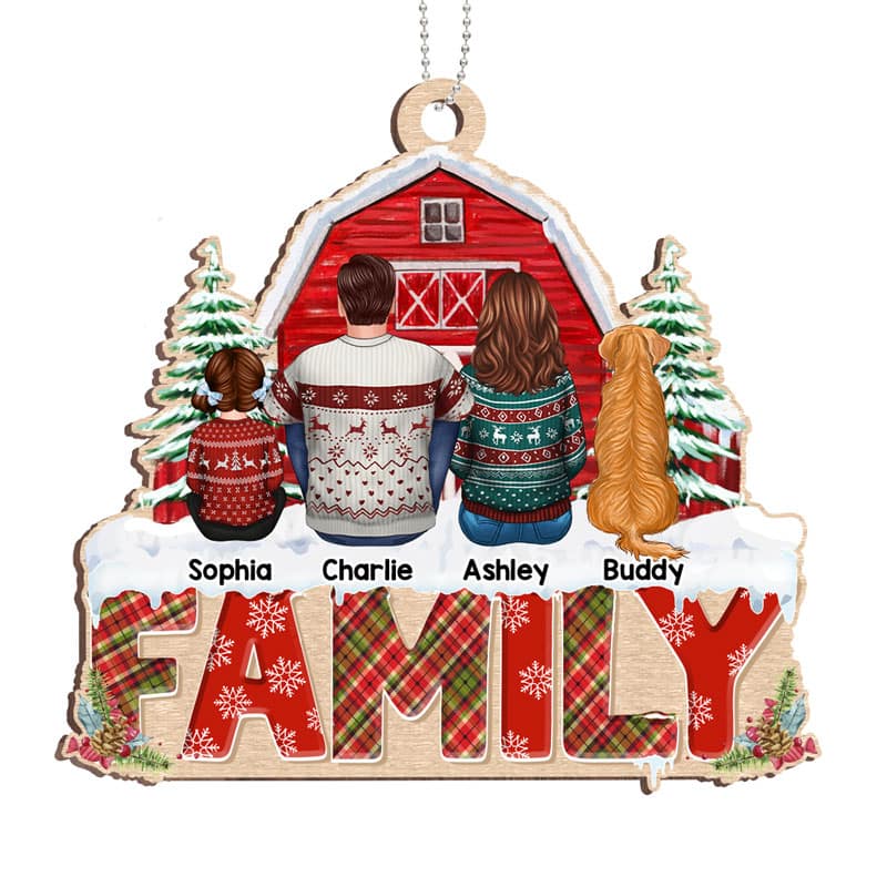 Family Back View Kid Dog Cat Sitting On Word Personalized Wooden Ornament