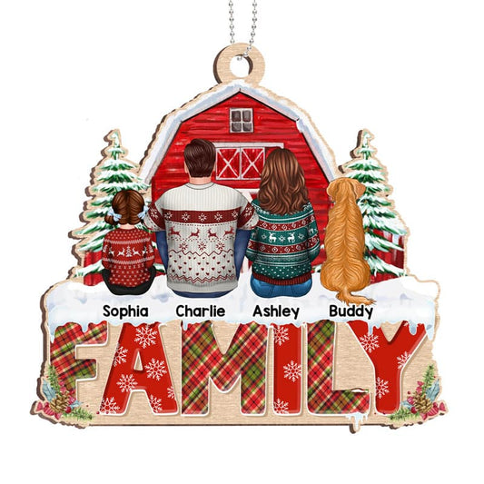 Family Back View Kid Dog Cat Sitting On Word Personalized Wooden Ornament