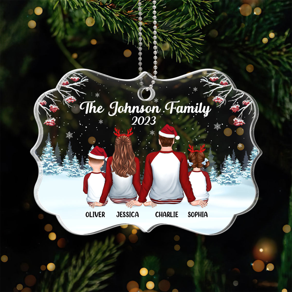 Family Back View Pajamas In Snow Personalized Acrylic Ornament