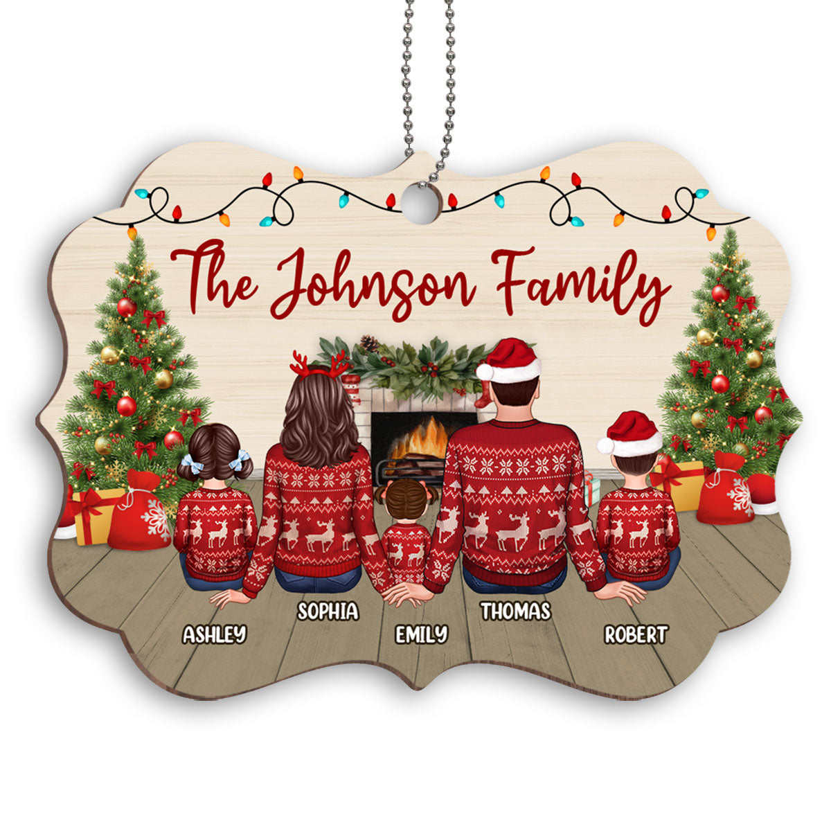 Family At Fireplace Christmas Ugly Sweater Personalized Wooden Ornament