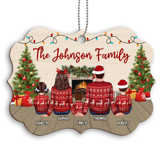 Family At Fireplace Christmas Ugly Sweater Personalized Wooden Ornament